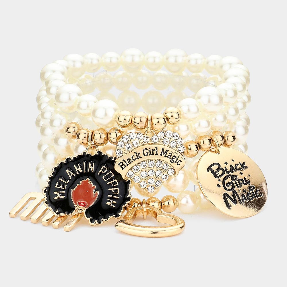 5 piece gold multi layered charm stretchable bracelets
